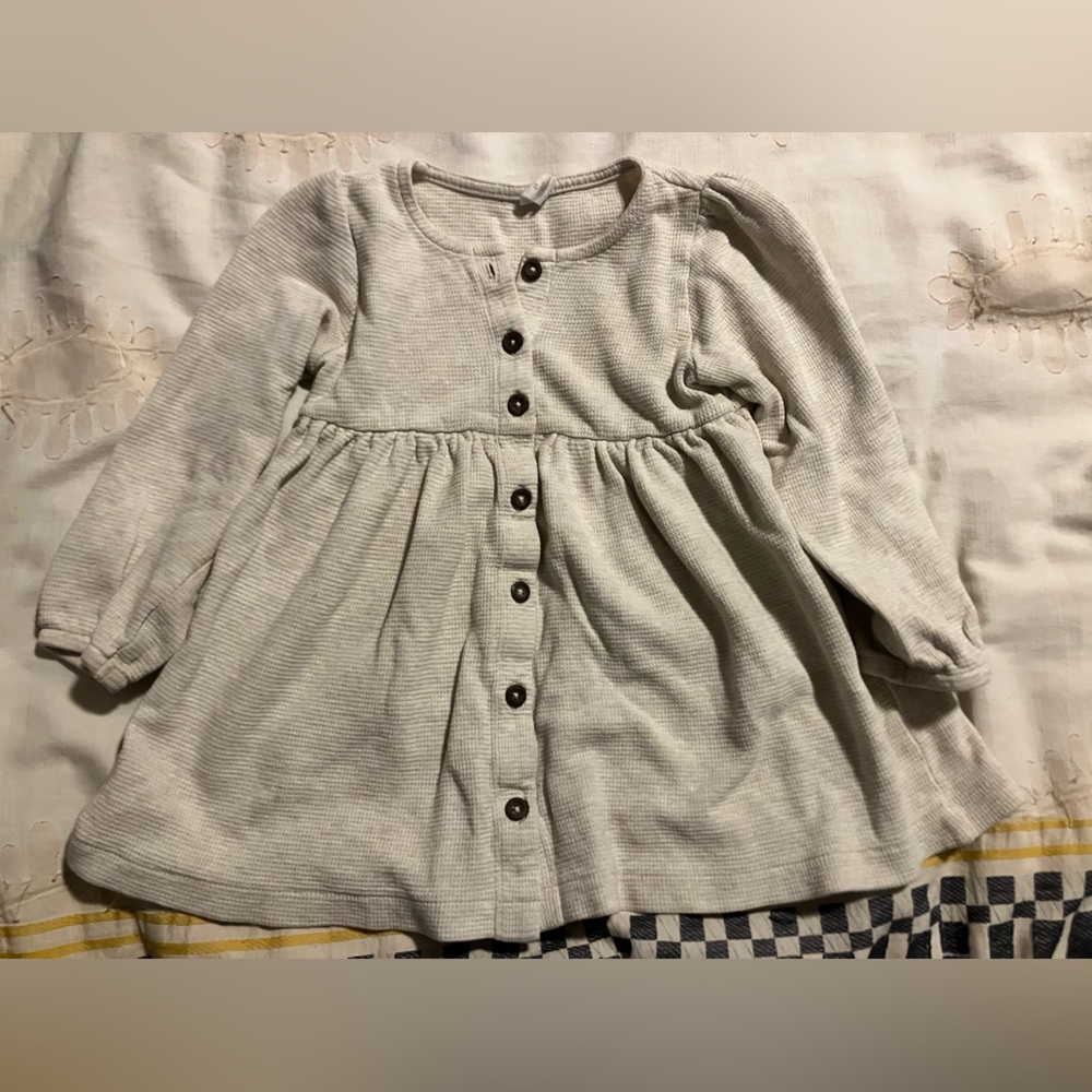 Kids Long-Sleeve Button-Front Dress in Light Beige